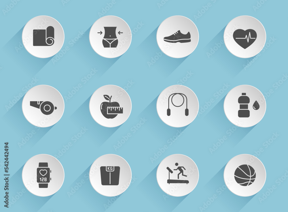 Poster fitness vector icons on round puffy paper circles with transparent shadows on blue background. fitne