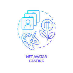 NFT avatar casting blue gradient concept icon. Brands monetization. Important crypto trend abstract idea thin line illustration. Isolated outline drawing. Myriad Pro-Bold font used