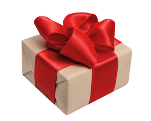 Gift with a red ribbon on a gray bedspread or a blanket, top view