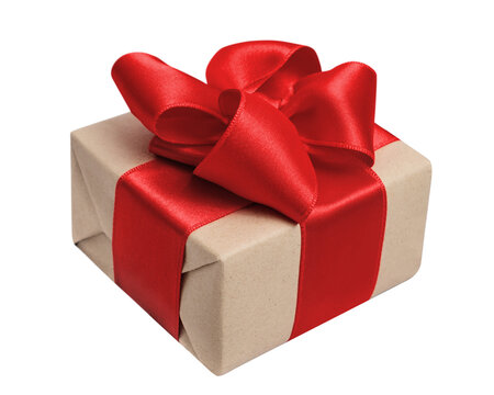 Gift with a red ribbon on a gray bedspread or a blanket, top view