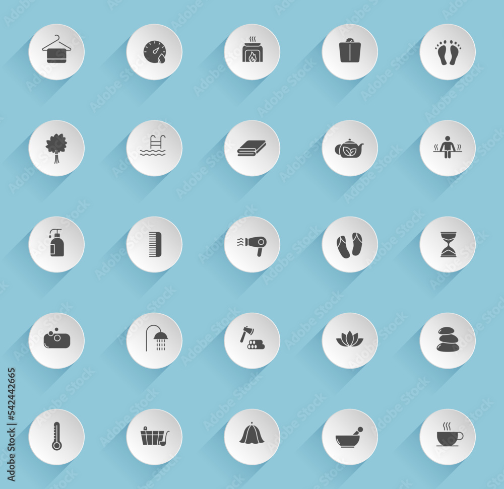 Poster sauna vector icons on round puffy paper circles with transparent shadows on blue background. sauna s
