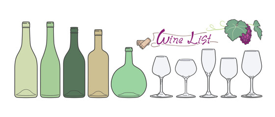 いろいろな形のワインボトルとグラスのシンプル線画セット