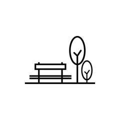 Park Icon Set. Trees, forest and bench vector icons. Nature, sun, lake. Set of park icon with outline design. Park vector illustration. City park icons set.