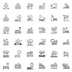 Park Icon Set. Trees, forest and bench vector icons. Nature, sun, lake. Set of park icon with outline design. Park vector illustration. City park icons set.