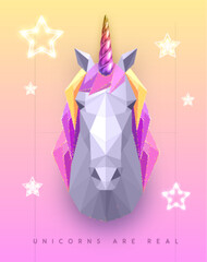 3D polygon paper unicorn head with rainbow horn on gradient background. Vector illustration