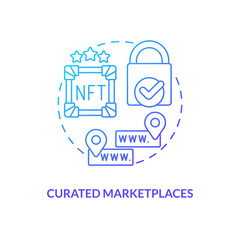 Curated marketplaces blue gradient concept icon. Crypto business. NFT selling platform category abstract idea thin line illustration. Isolated outline drawing. Myriad Pro-Bold font used