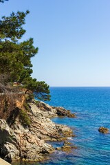 Vertical shot of Costa Brava coast surrounded by crystal blue water in Catalonia in Spain