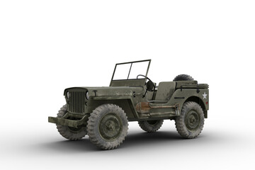 Front side view 3D illustration of a vintage green military jeep isolated on transparent background. - obrazy, fototapety, plakaty