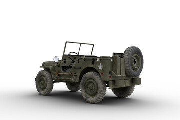 Rear corner view 3D illustration of a vintage green military jeep isolated on transparent background. © IG Digital Arts