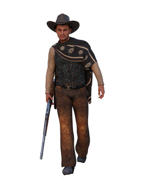 3D illustration of a wild west cowboy man walking with a rifle in his hand isolated on transparent background.