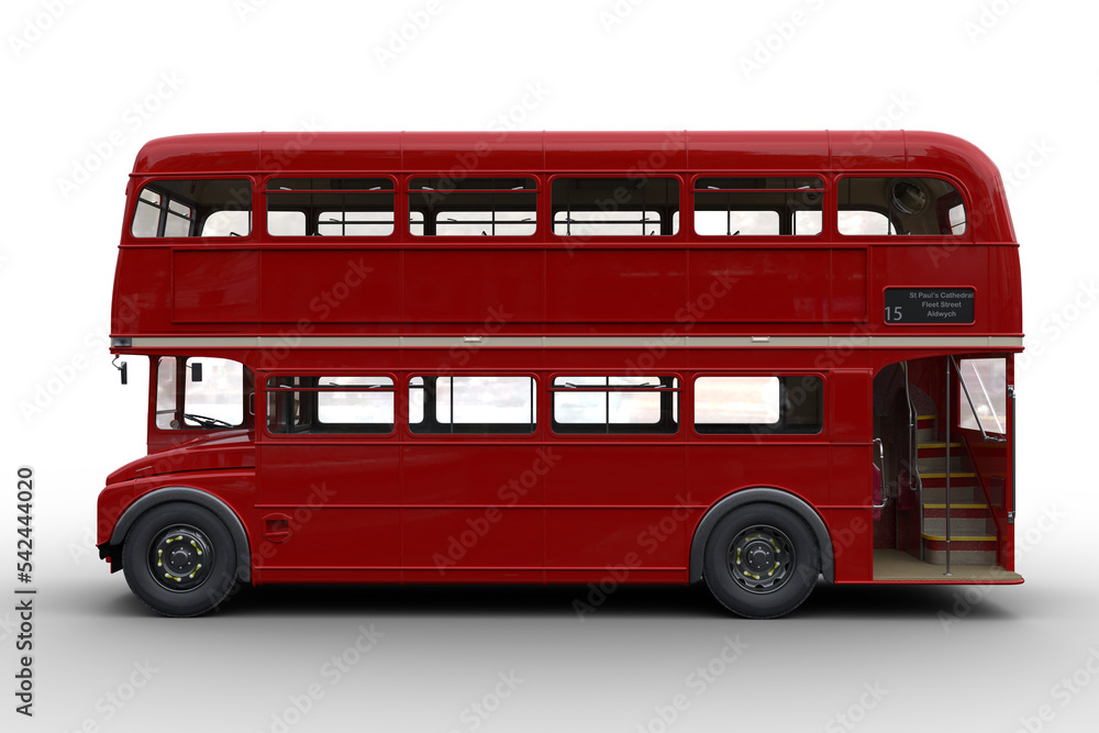 Poster Side view 3D rendering of a vintage red double decker London bus isolated on transparent background.