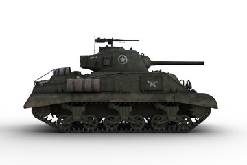 Side view 3D rendering of a military tank isolated on transparent background.