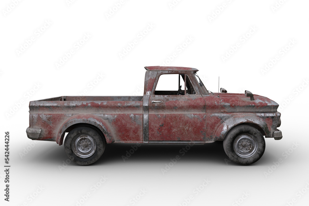 Poster Side view 3D rendering of a rusty old vintage red pickup truck isolated on transparent background.