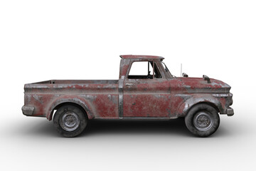 Side view 3D rendering of a rusty old vintage red pickup truck isolated on transparent background. - obrazy, fototapety, plakaty