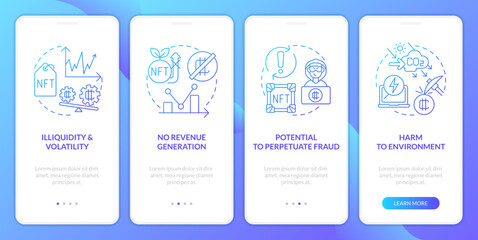 NFT disadvantages blue gradient onboarding mobile app screen. Problems walkthrough 4 steps graphic instructions with linear concepts. UI, UX, GUI template. Myriad Pro-Bold, Regular fonts used