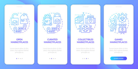 NFT marketplace categories blue gradient onboarding mobile app screen. Business walkthrough 4 steps graphic instructions with linear concepts. UI, UX, GUI template. Myriad Pro-Bold, Regular fonts used