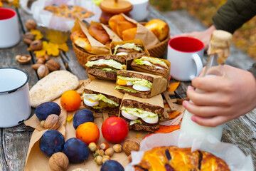 picnic in the autumn season, food on a wooden table, hot tea, pastries and sandwiches