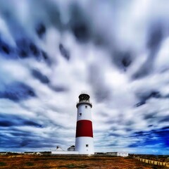 Lighthouse on a rocky coast under a blue cloudy sky