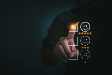 Businessmen choose to rating score happy icons. Customer satisfaction survey concept. Customer service experience and business satisfaction survey concept.
