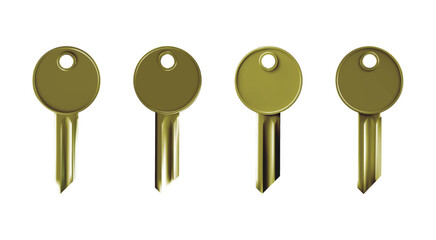 3d brass keys vector mockup set. Realistic metal latchkeys as symbols of security, safety, property ownership and open access.