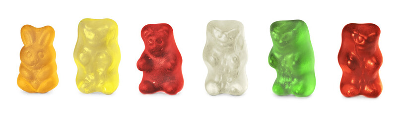 Childhood and jelly bears candies isolated on white background