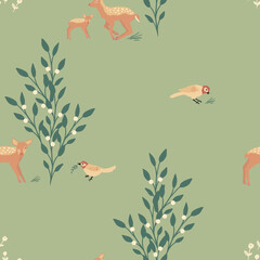 Vector pattern with fawns and birds green © Benedetta
