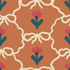 Vintage floral seamless pattern with abstract red  flowers and bows on lorange background. Minimalistic floral design for wallpaper,design paper or bedding.