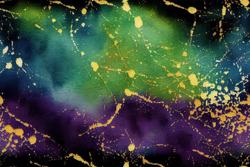 Abstract Watercolor pattern painting inspired by blue black green and gold speckles