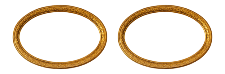 Oval empty transparent wooden and gold gilded ornamental frame, isolated transparent background
