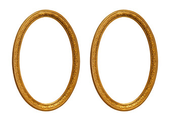 Oval empty transparent wooden and gold gilded ornamental frame, isolated transparent background