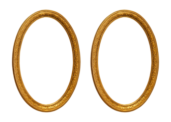 Oval empty transparent wooden and gold gilded ornamental frame, isolated transparent background