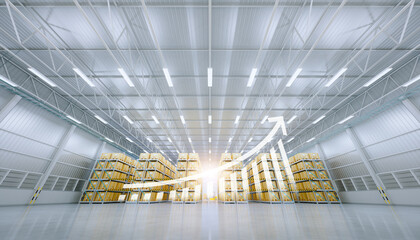 3d rendering of warehouse or distribution center with increase graph. Storage and shipping system...