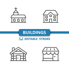 Buildings Icons. Church, House, Cabin, Shop, Store Icon - obrazy, fototapety, plakaty