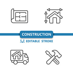 Construction Icons. Blueprint, Moving Truck, Tools, House, Building Icon