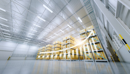 3d rendering of warehouse or distribution center with increase graph. Storage and shipping system with box package on shelf, empty space and concrete floor. Concept for growth, productivity, benefits.