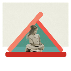 Contemporary art collage, creative design. Playful little girl with open book. Concept of...