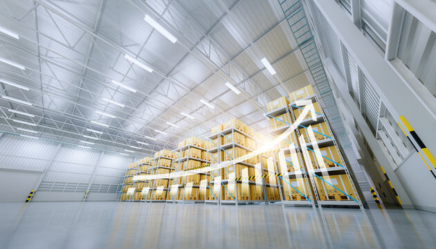 3d rendering of warehouse or distribution center with increase graph. Storage and shipping system with box package on shelf, empty space and concrete floor. Concept for growth, productivity, benefits.