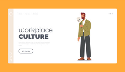 Workplace Culture Landing Page Template. Unhappy Male Character With Happy Smiling Mask. Imposter Syndrome, Hypocrisy