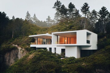 Fototapeta na wymiar modern house on the cliff, beach, beautiful forest