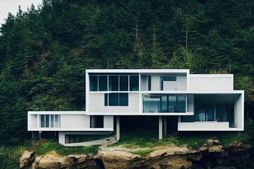 modern house on the cliff, beach, beautiful forest
