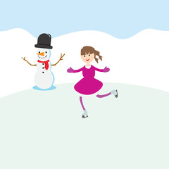 Kid playing outdoors in winter.  Play snow fun.  Vector  illustration, holiday.