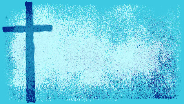 blue silkscreen cross on lighter brayer texture backdrop with copy space © kathleenmadeline