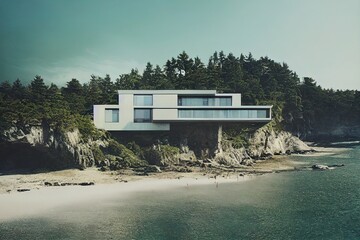 Fototapeta na wymiar modern house on the cliff, beach, beautiful forest