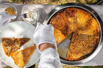 Baklava with nuts and ice cream