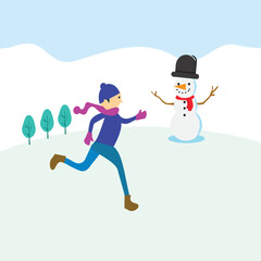 Kid playing outdoors in winter.  Play snow fun.  Vector  illustration, holiday.
