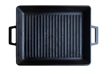 Empty black cast heavy iron grill pan modern kitchen equipment, isolated transparent background