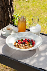 Breakfast granola with berries and yogurt.
