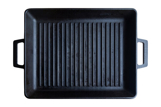 Empty black cast heavy iron grill pan modern kitchen equipment, isolated transparent background