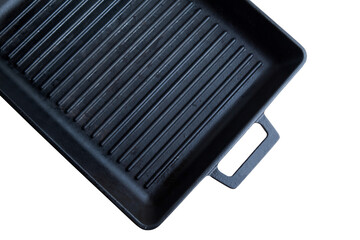 Empty black cast heavy iron grill pan modern kitchen equipment, isolated transparent background