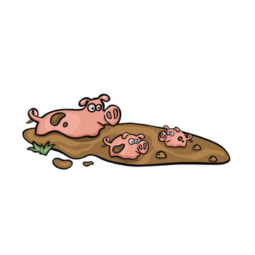 cartoon colored pig with piglets in the mud 